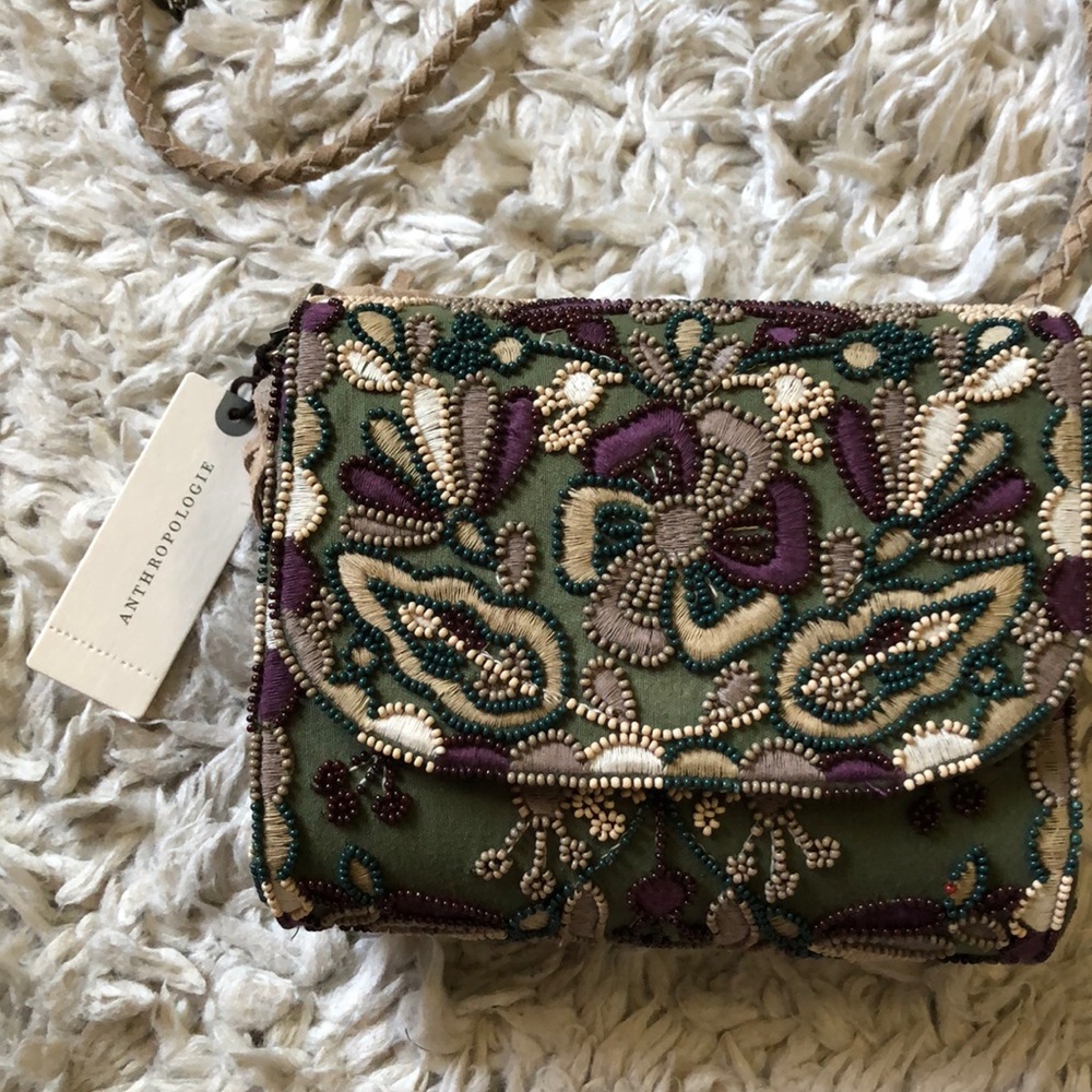 Anthropologie Beaded Purse Green Purple Tassels